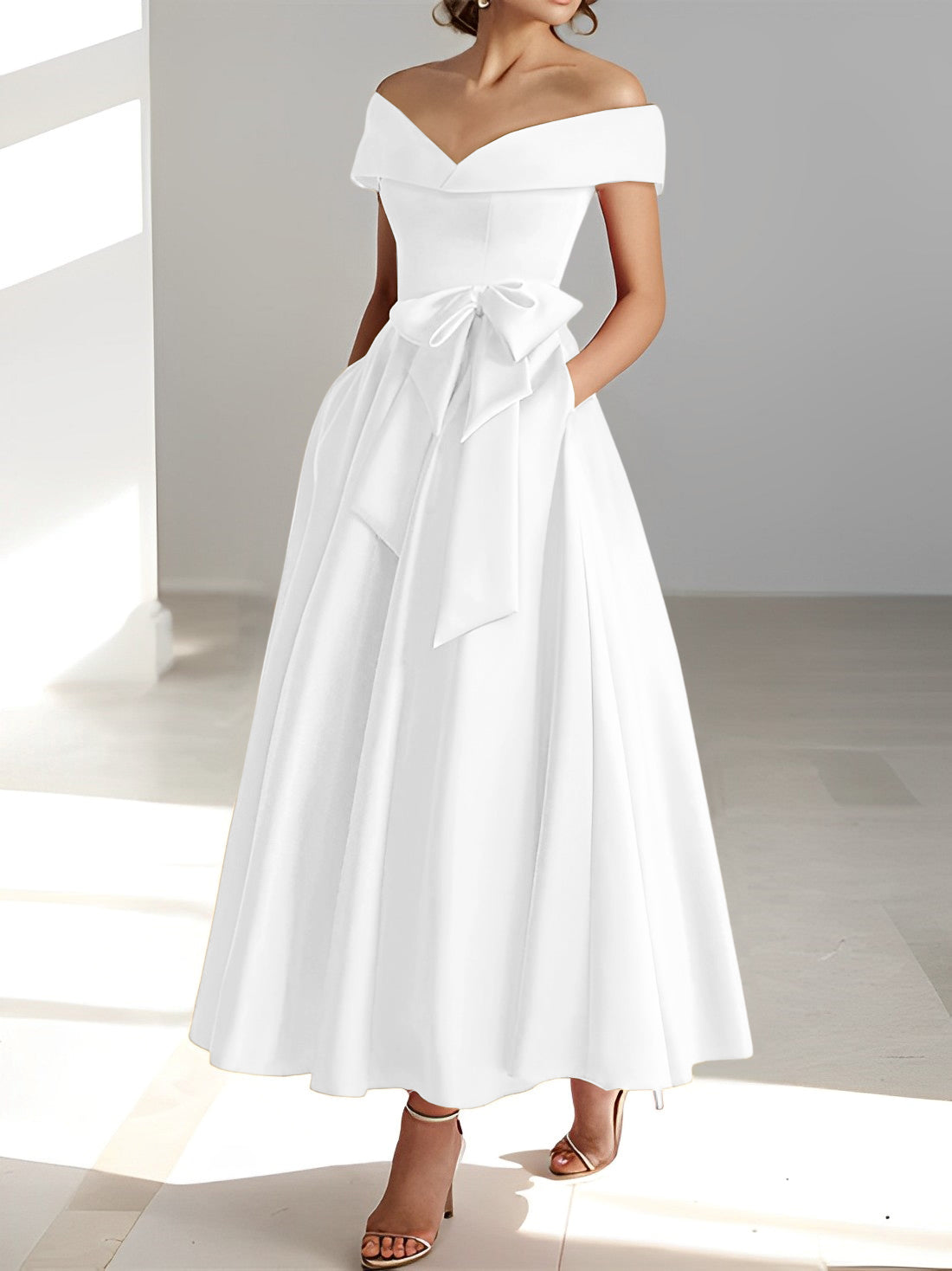 Princess A-Line Sleeveless Off-the-Shoulder Mother of the Bride Dress with Pockets Ankle-Length