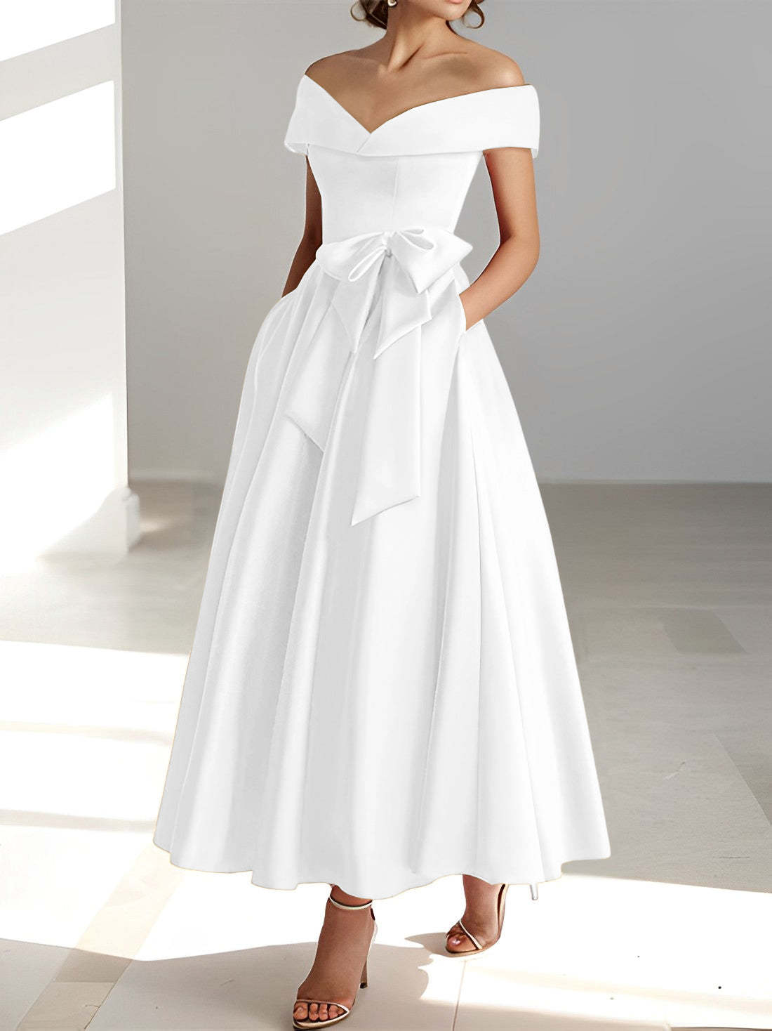 Princess A-Line Sleeveless Off-the-Shoulder Mother of the Bride Dress with Pockets Ankle-Length