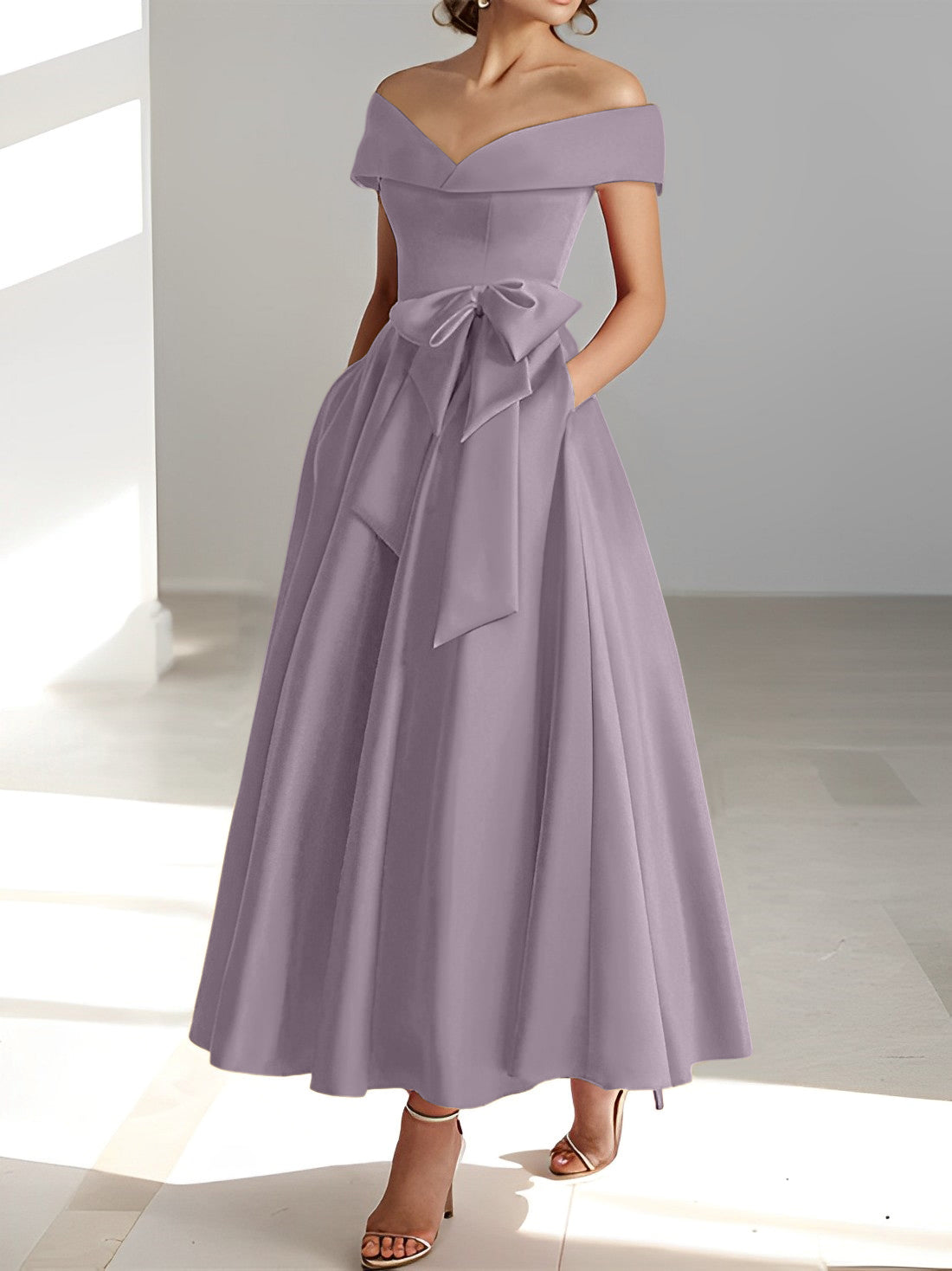 Princess A-Line Sleeveless Off-the-Shoulder Mother of the Bride Dress with Pockets Ankle-Length