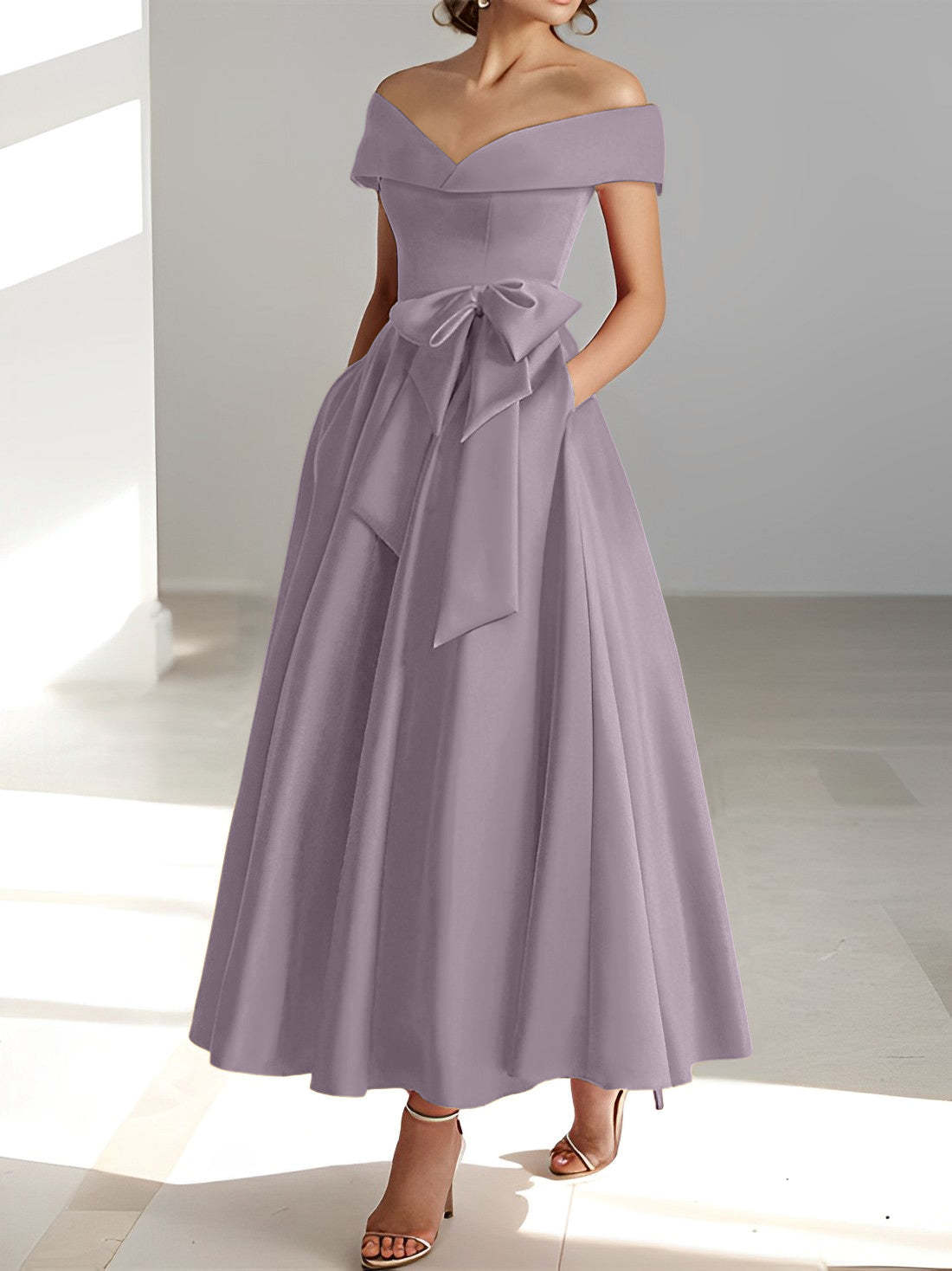 Princess A-Line Sleeveless Off-the-Shoulder Mother of the Bride Dress with Pockets Ankle-Length