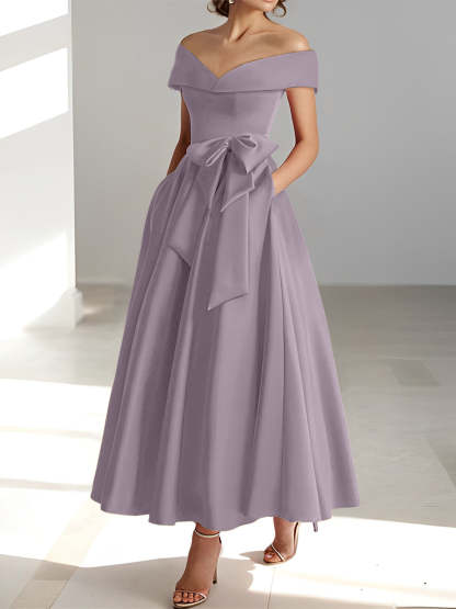 Princess A-Line Sleeveless Off-the-Shoulder Mother of the Bride Dress with Pockets Ankle-Length