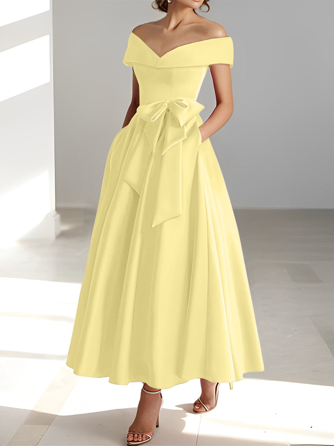 Princess A-Line Sleeveless Off-the-Shoulder Mother of the Bride Dress with Pockets Ankle-Length