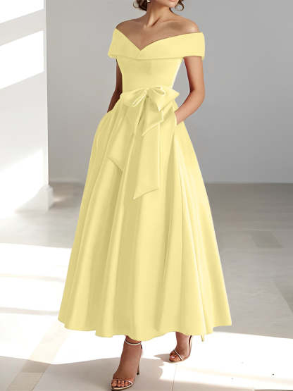 Princess A-Line Sleeveless Off-the-Shoulder Mother of the Bride Dress with Pockets Ankle-Length