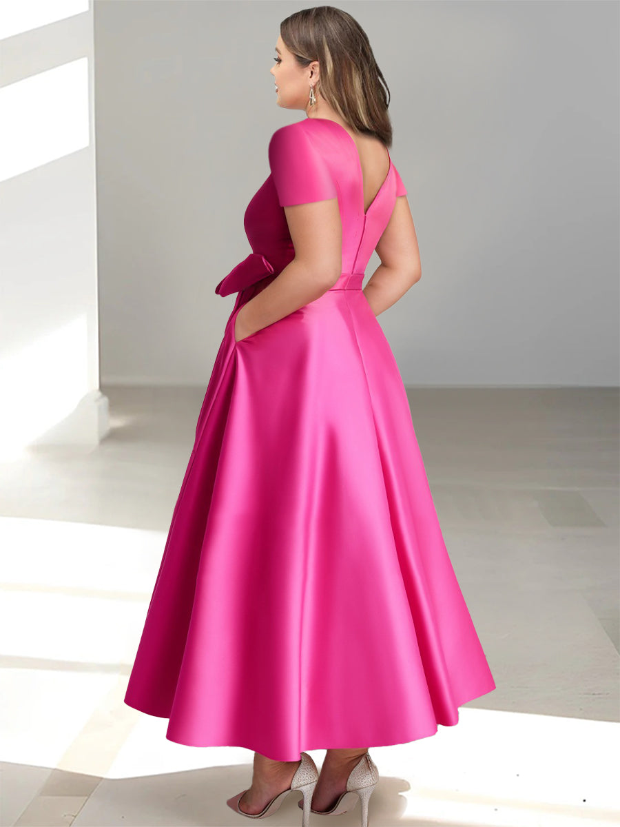 V-Neck A-Line Princess Short-Sleeve Ankle-Length Mother of the Bride Dress with Pockets and Ruffles