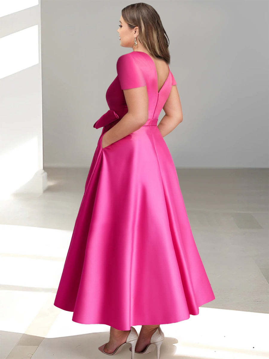V-Neck A-Line Princess Short-Sleeve Ankle-Length Mother of the Bride Dress with Pockets and Ruffles