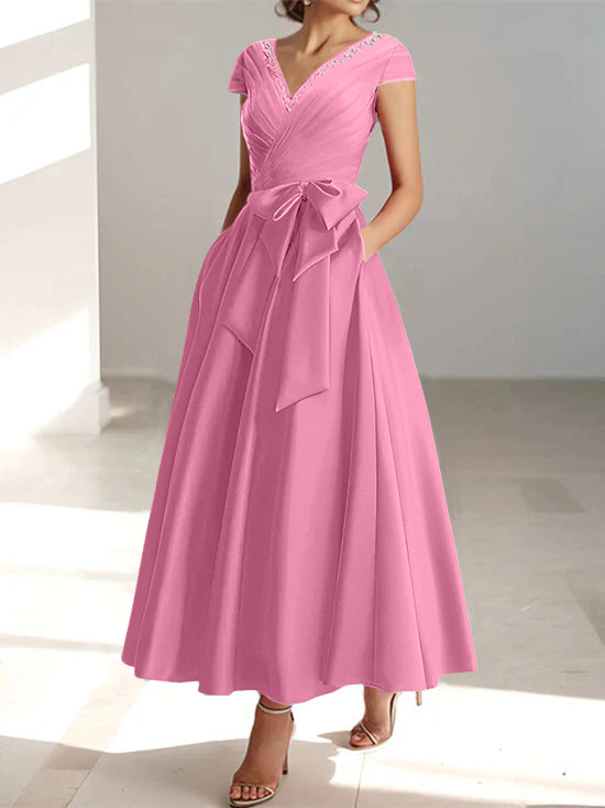 V-Neck A-Line Princess Short-Sleeve Ankle-Length Mother of the Bride Dress with Pockets and Ruffles