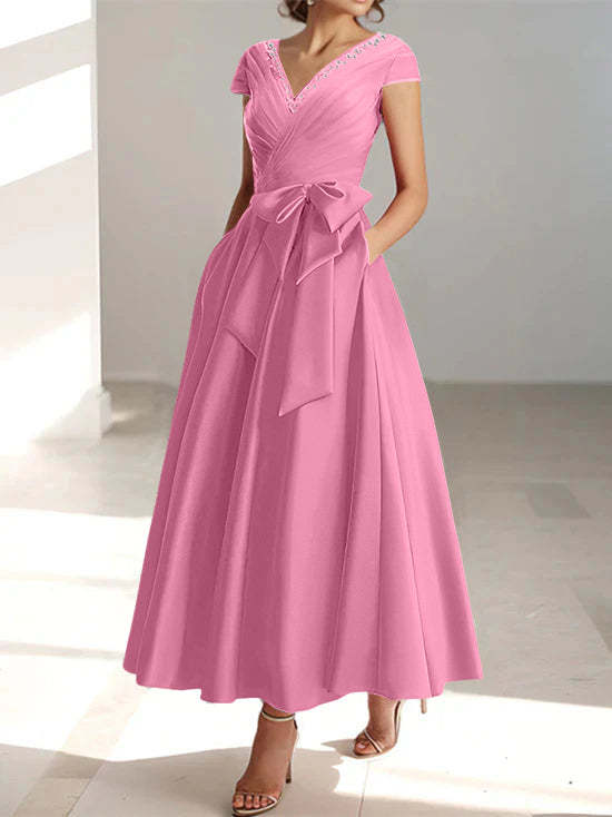 V-Neck A-Line Princess Short-Sleeve Ankle-Length Mother of the Bride Dress with Pockets and Ruffles