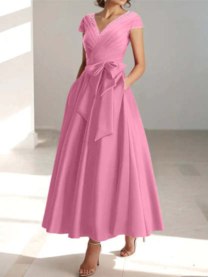V-Neck A-Line Princess Short-Sleeve Ankle-Length Mother of the Bride Dress with Pockets and Ruffles