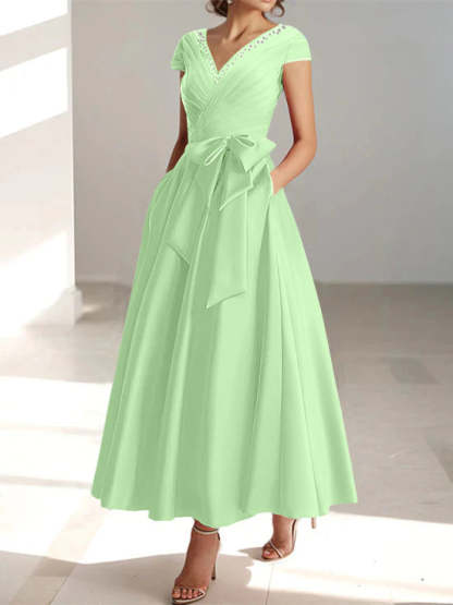 V-Neck A-Line Princess Short-Sleeve Ankle-Length Mother of the Bride Dress with Pockets and Ruffles