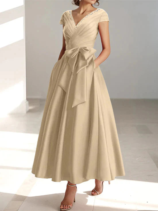 V-Neck A-Line Princess Short-Sleeve Ankle-Length Mother of the Bride Dress with Pockets and Ruffles