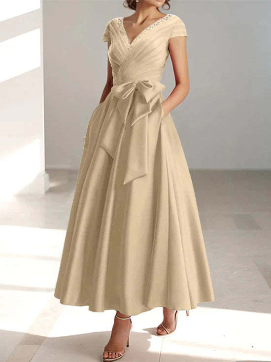 V-Neck A-Line Princess Short-Sleeve Ankle-Length Mother of the Bride Dress with Pockets and Ruffles