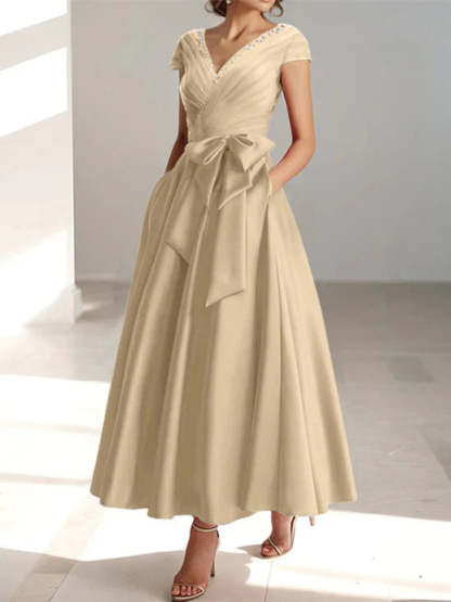 V-Neck A-Line Princess Short-Sleeve Ankle-Length Mother of the Bride Dress with Pockets and Ruffles
