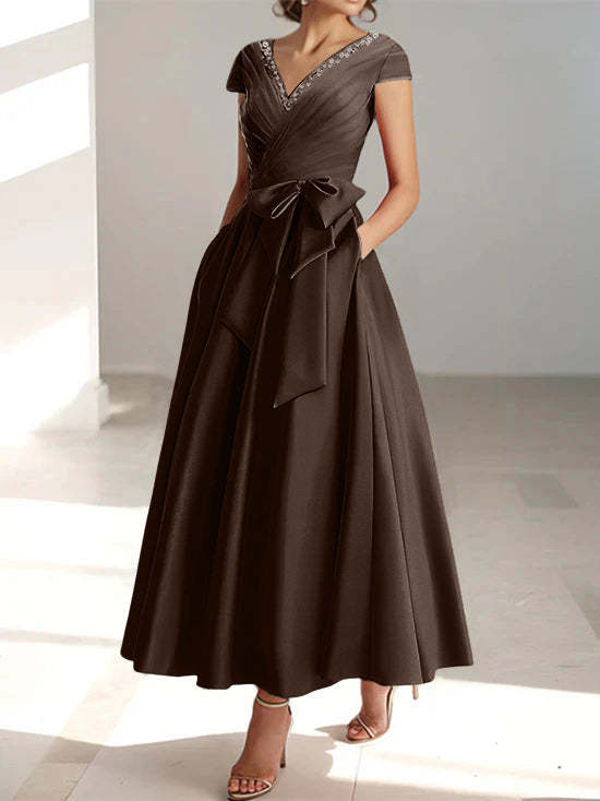 V-Neck A-Line Princess Short-Sleeve Ankle-Length Mother of the Bride Dress with Pockets and Ruffles