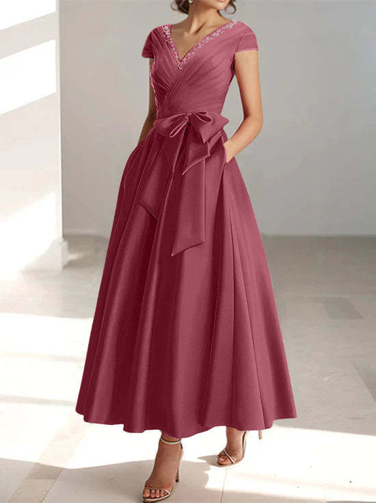 V-Neck A-Line Princess Short-Sleeve Ankle-Length Mother of the Bride Dress with Pockets and Ruffles