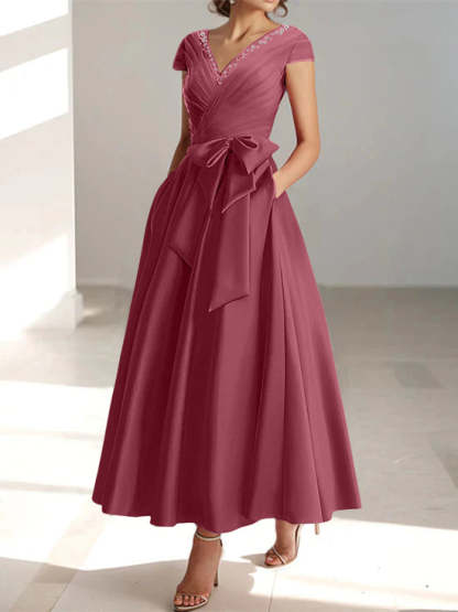 V-Neck A-Line Princess Short-Sleeve Ankle-Length Mother of the Bride Dress with Pockets and Ruffles