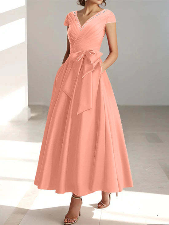 V-Neck A-Line Princess Short-Sleeve Ankle-Length Mother of the Bride Dress with Pockets and Ruffles