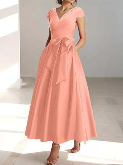 V-Neck A-Line Princess Short-Sleeve Ankle-Length Mother of the Bride Dress with Pockets and Ruffles