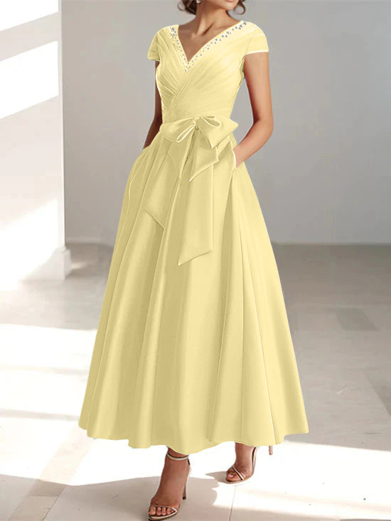 V-Neck A-Line Princess Short-Sleeve Ankle-Length Mother of the Bride Dress with Pockets and Ruffles