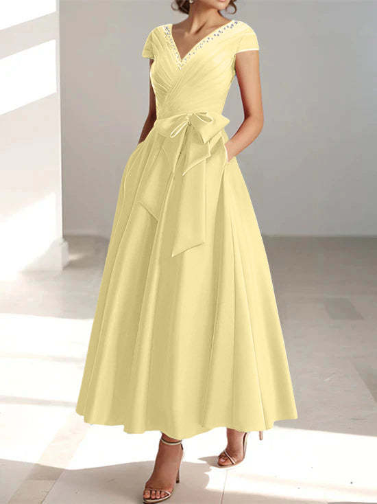 V-Neck A-Line Princess Short-Sleeve Ankle-Length Mother of the Bride Dress with Pockets and Ruffles