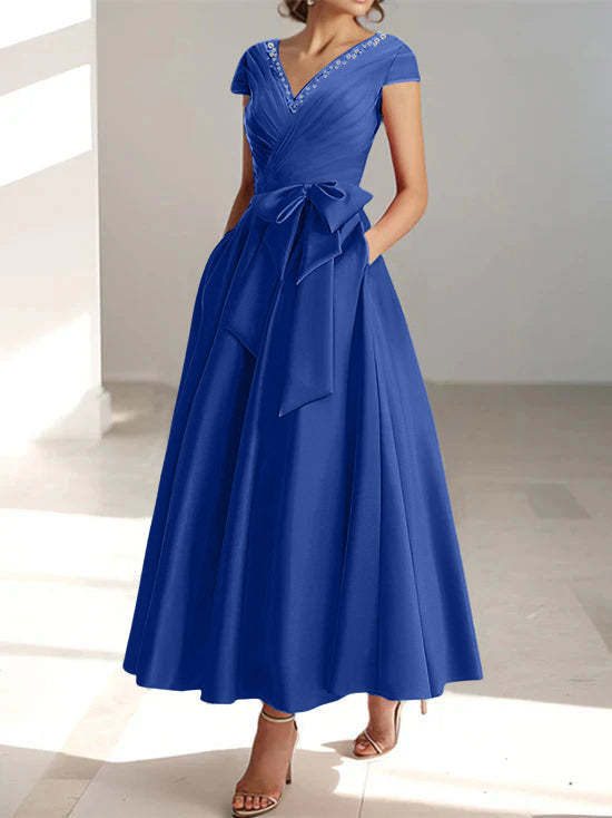 V-Neck A-Line Princess Short-Sleeve Ankle-Length Mother of the Bride Dress with Pockets and Ruffles