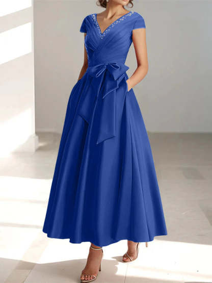 V-Neck A-Line Princess Short-Sleeve Ankle-Length Mother of the Bride Dress with Pockets and Ruffles