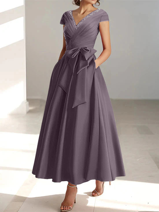V-Neck A-Line Princess Short-Sleeve Ankle-Length Mother of the Bride Dress with Pockets and Ruffles