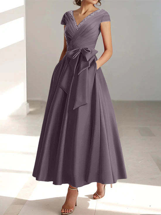 V-Neck A-Line Princess Short-Sleeve Ankle-Length Mother of the Bride Dress with Pockets and Ruffles