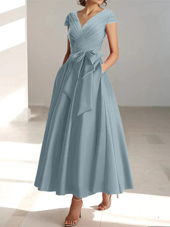 V-Neck A-Line Princess Short-Sleeve Ankle-Length Mother of the Bride Dress with Pockets and Ruffles