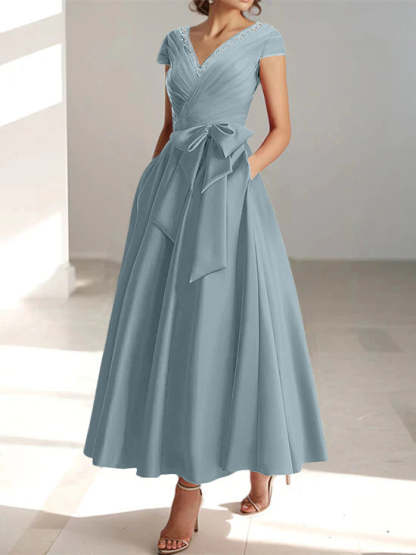 V-Neck A-Line Princess Short-Sleeve Ankle-Length Mother of the Bride Dress with Pockets and Ruffles