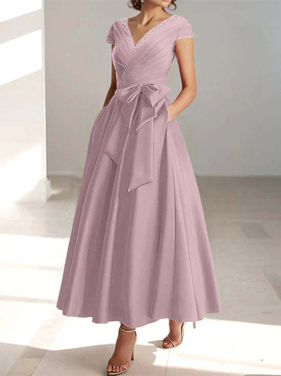 V-Neck A-Line Princess Short-Sleeve Ankle-Length Mother of the Bride Dress with Pockets and Ruffles