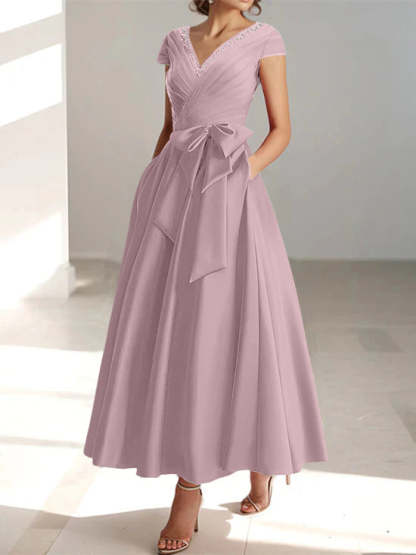 V-Neck A-Line Princess Short-Sleeve Ankle-Length Mother of the Bride Dress with Pockets and Ruffles