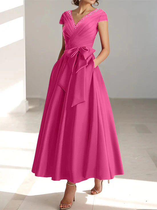 V-Neck A-Line Princess Short-Sleeve Ankle-Length Mother of the Bride Dress with Pockets and Ruffles