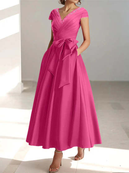 V-Neck A-Line Princess Short-Sleeve Ankle-Length Mother of the Bride Dress with Pockets and Ruffles
