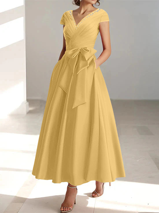 V-Neck A-Line Princess Short-Sleeve Ankle-Length Mother of the Bride Dress with Pockets and Ruffles