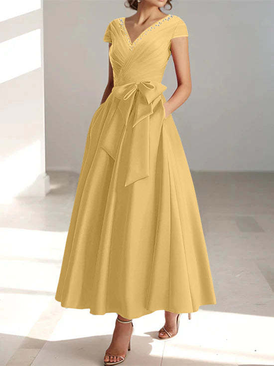 V-Neck A-Line Princess Short-Sleeve Ankle-Length Mother of the Bride Dress with Pockets and Ruffles