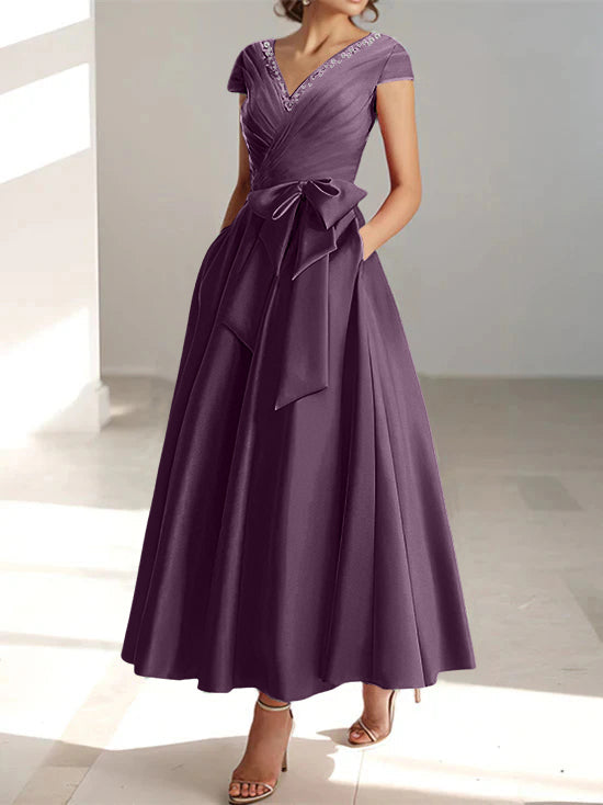 V-Neck A-Line Princess Short-Sleeve Ankle-Length Mother of the Bride Dress with Pockets and Ruffles