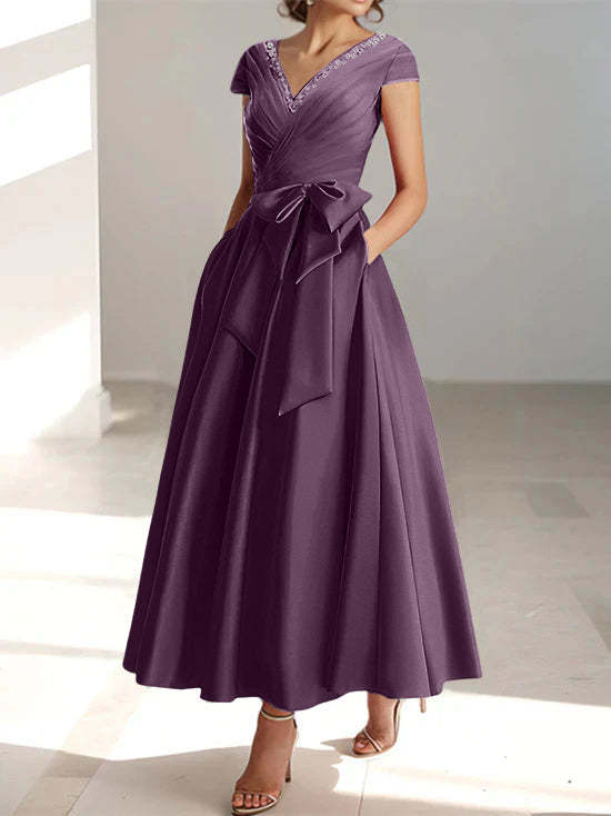 V-Neck A-Line Princess Short-Sleeve Ankle-Length Mother of the Bride Dress with Pockets and Ruffles