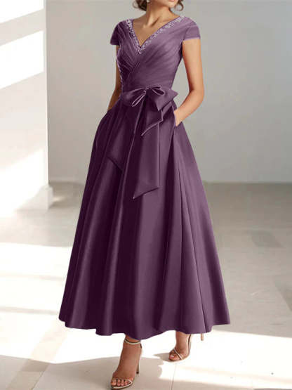 V-Neck A-Line Princess Short-Sleeve Ankle-Length Mother of the Bride Dress with Pockets and Ruffles