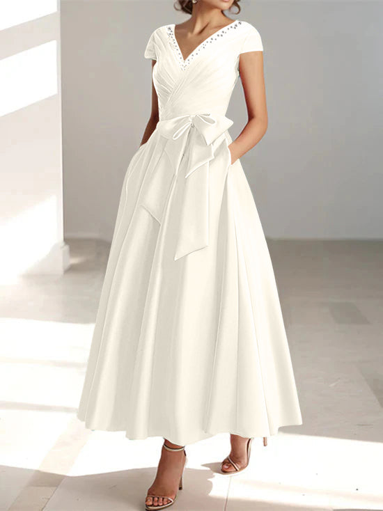 V-Neck A-Line Princess Short-Sleeve Ankle-Length Mother of the Bride Dress with Pockets and Ruffles
