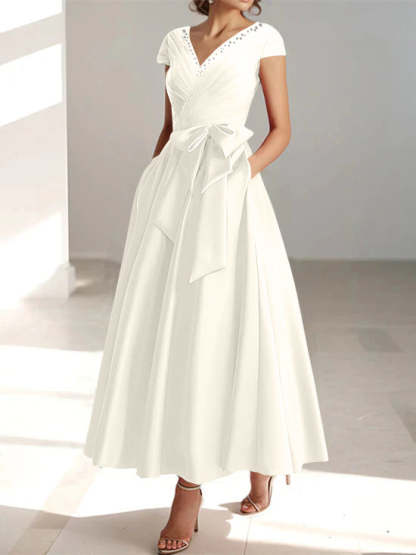 V-Neck A-Line Princess Short-Sleeve Ankle-Length Mother of the Bride Dress with Pockets and Ruffles