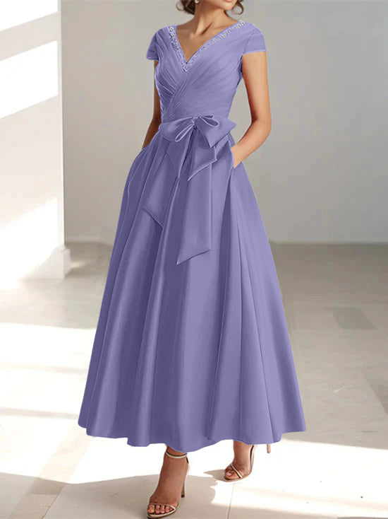 V-Neck A-Line Princess Short-Sleeve Ankle-Length Mother of the Bride Dress with Pockets and Ruffles