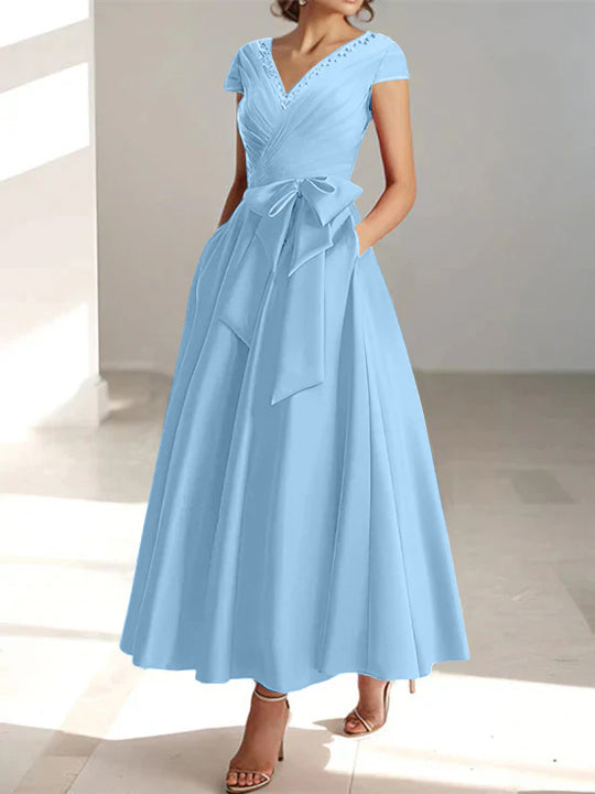 V-Neck A-Line Princess Short-Sleeve Ankle-Length Mother of the Bride Dress with Pockets and Ruffles