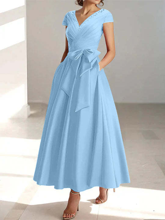V-Neck A-Line Princess Short-Sleeve Ankle-Length Mother of the Bride Dress with Pockets and Ruffles