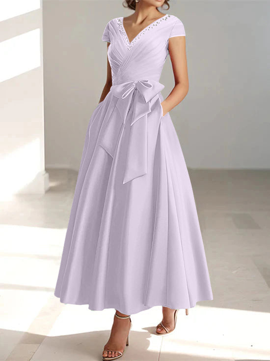 V-Neck A-Line Princess Short-Sleeve Ankle-Length Mother of the Bride Dress with Pockets and Ruffles