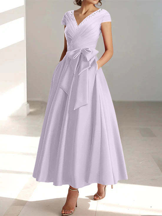 V-Neck A-Line Princess Short-Sleeve Ankle-Length Mother of the Bride Dress with Pockets and Ruffles