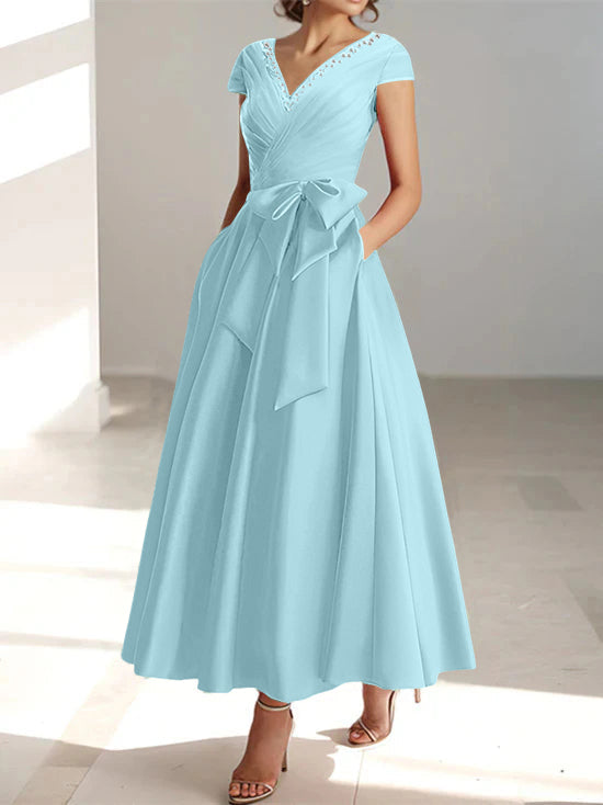 V-Neck A-Line Princess Short-Sleeve Ankle-Length Mother of the Bride Dress with Pockets and Ruffles