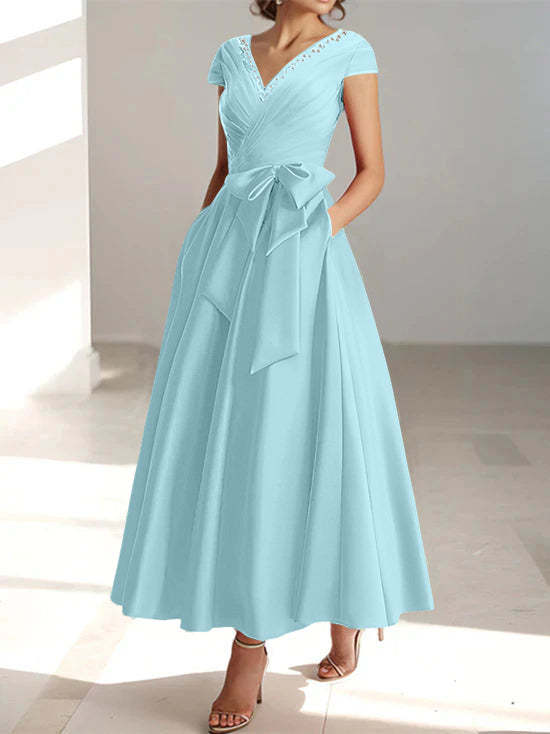 V-Neck A-Line Princess Short-Sleeve Ankle-Length Mother of the Bride Dress with Pockets and Ruffles