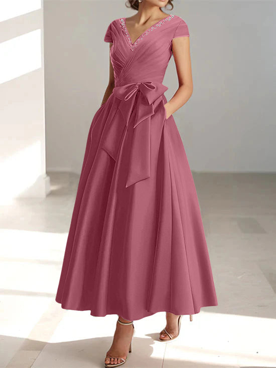 V-Neck A-Line Princess Short-Sleeve Ankle-Length Mother of the Bride Dress with Pockets and Ruffles