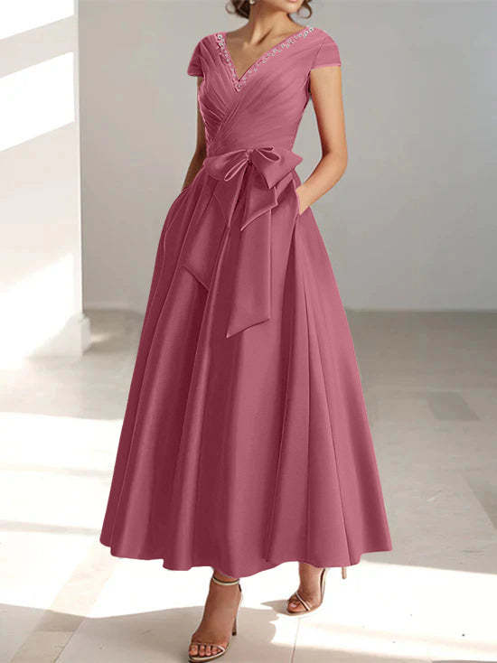 V-Neck A-Line Princess Short-Sleeve Ankle-Length Mother of the Bride Dress with Pockets and Ruffles