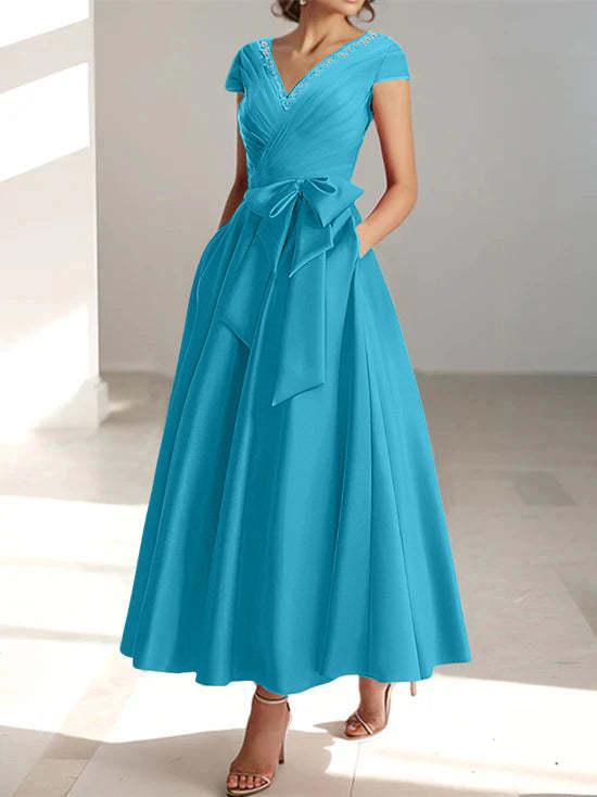 V-Neck A-Line Princess Short-Sleeve Ankle-Length Mother of the Bride Dress with Pockets and Ruffles